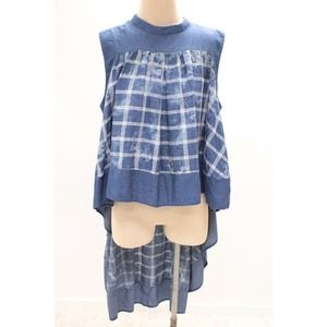 For Her NYC Blouse Top XL High Low Hem Chambray Blue Tie Dyed Plaid Cape-like
